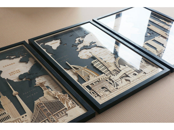 Set of 3 oversized wall art posters. Wooden Map