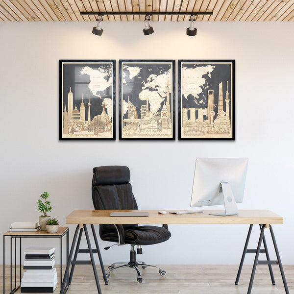 Set of 3 oversized wall art posters. Wooden Map